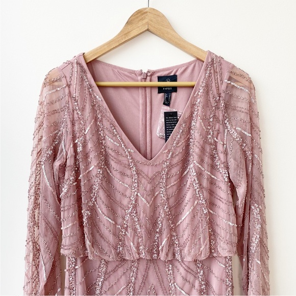 Adrianna Papell Pink Beaded Long Sleeve Gown - Picture 5 of 9